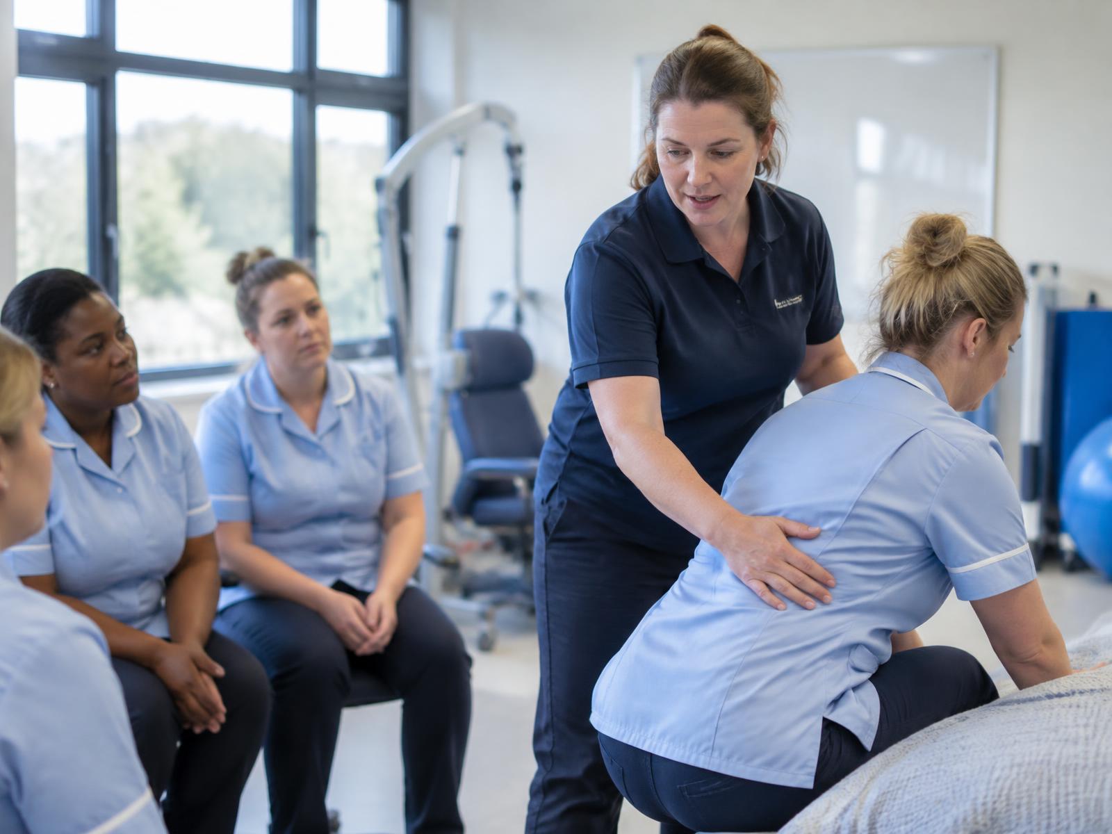 A Train to Care trainer demonstrating a moving and handling technique to care workers